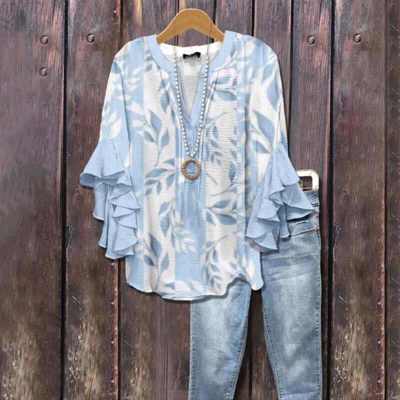 Women's V-neck Fashion Lotus Sleeve T-shirt - Image 7
