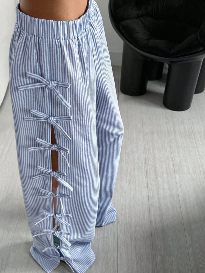 Waist Side Tie Bow Striped Wide Leg Pants - Image 6