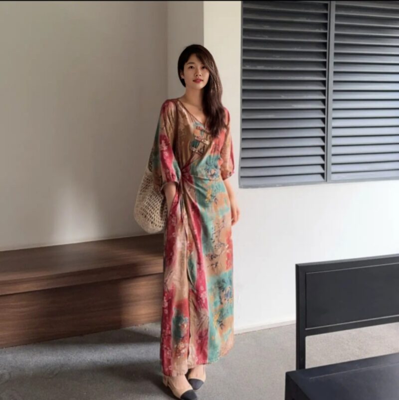 New V-neck New Chinese Style Wrap Bourette Dress Women - Image 3