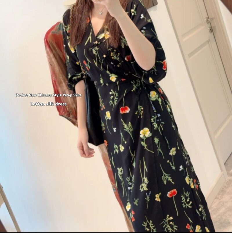 New V-neck New Chinese Style Wrap Bourette Dress Women - Image 6