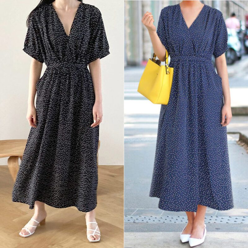 Women's V-neck Short Sleeve Dress Slim-fit Polka Dot Large Swing Dress