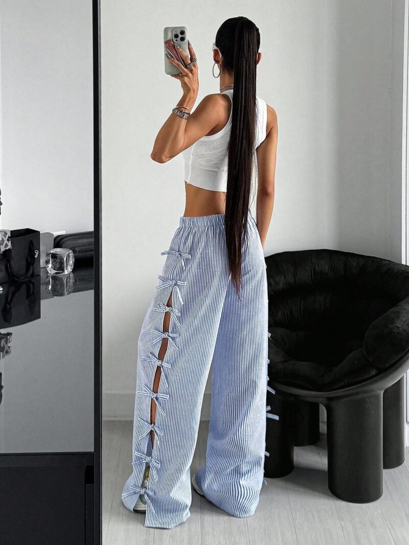 Waist Side Tie Bow Striped Wide Leg Pants - Image 3