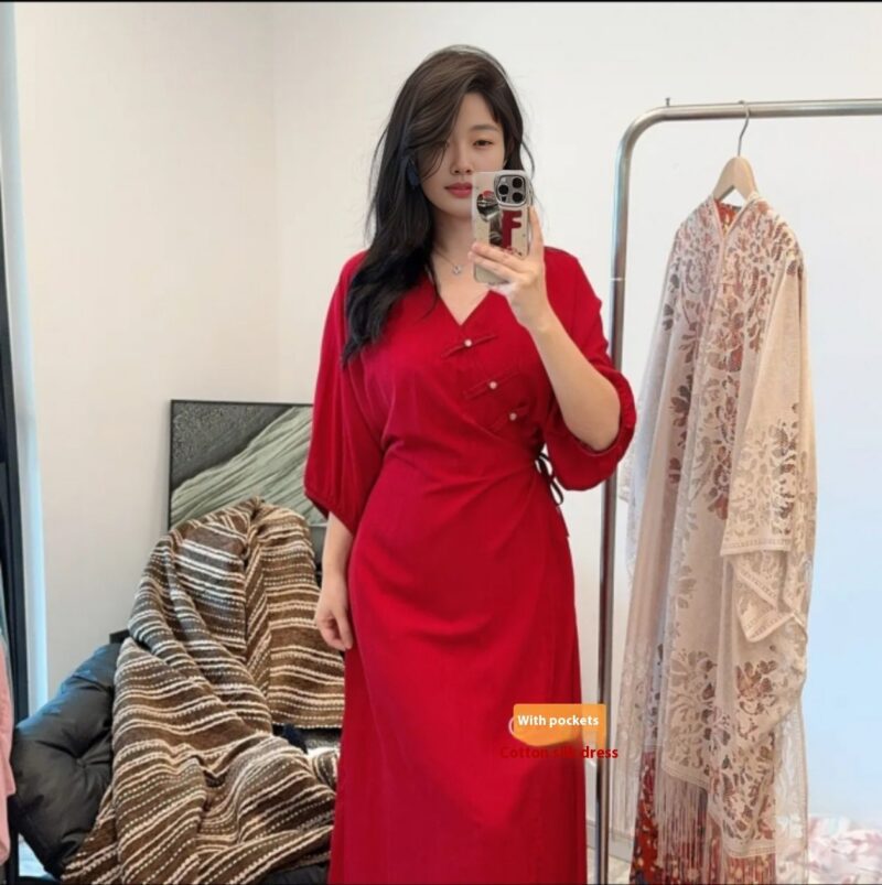 New V-neck New Chinese Style Wrap Bourette Dress Women - Image 4