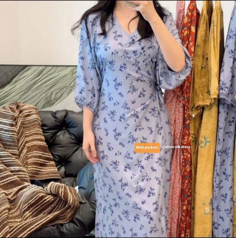 New V-neck New Chinese Style Wrap Bourette Dress Women - Image 5