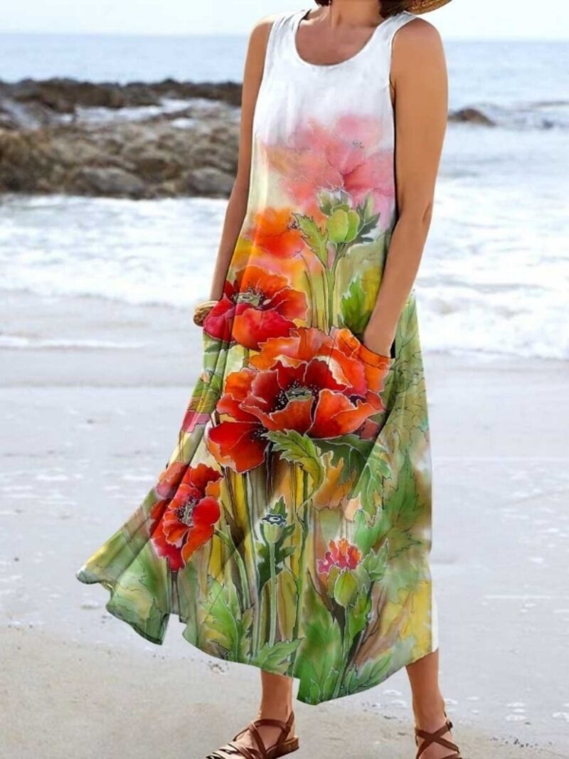 Women's Landscape Floral Maxi Dress Slim Fit Casual Skirt - Image 4