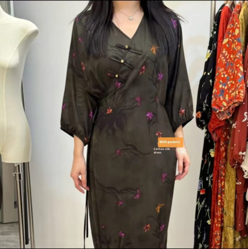 New V-neck New Chinese Style Wrap Bourette Dress Women - Image 8