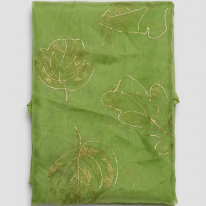 Organza Silk Printed Fabric – Light Green Leaf Design (Code: F2)