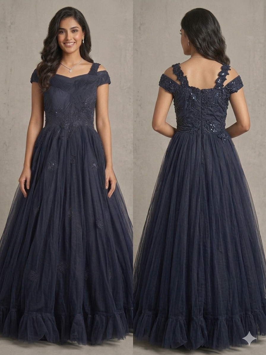Handmade Floral Embellished Off-Shoulder Flared Gown - Image 3