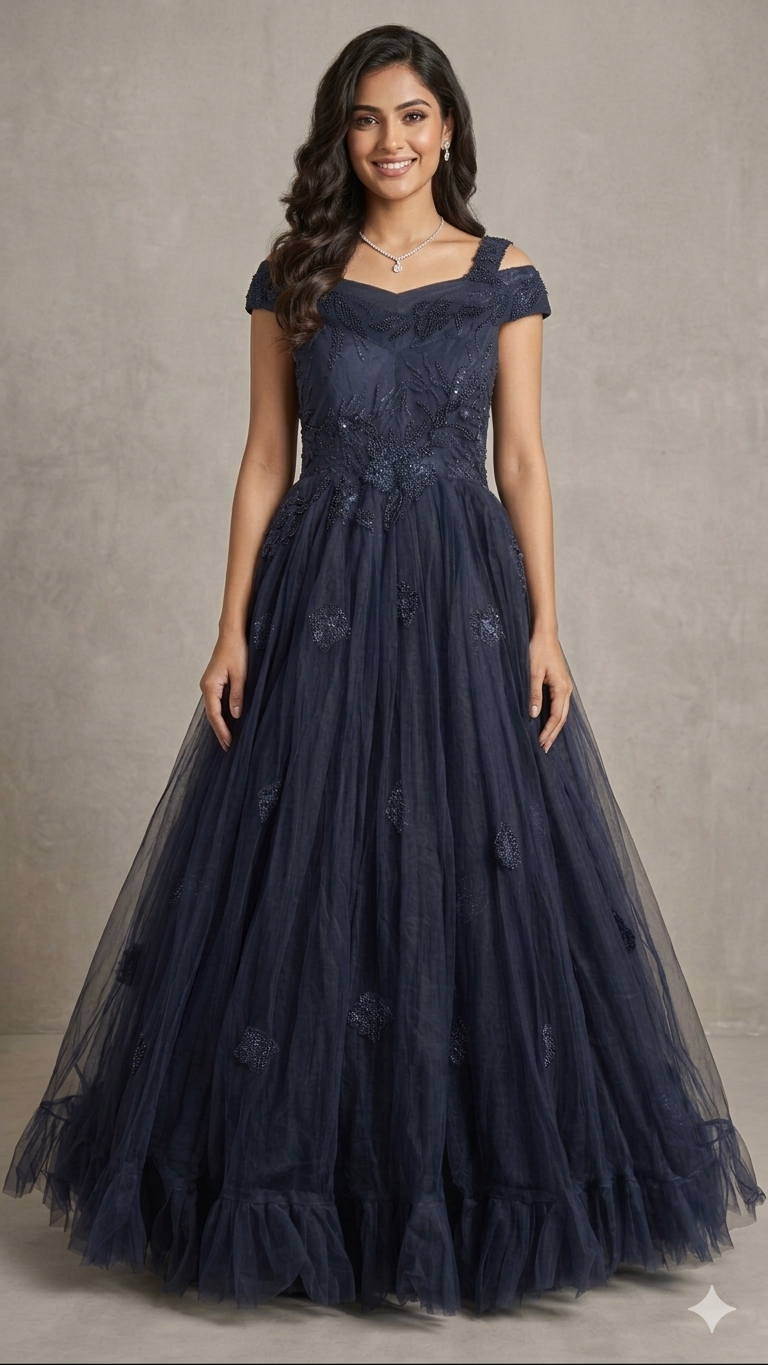 Handmade Floral Embellished Off-Shoulder Flared Gown - Image 5