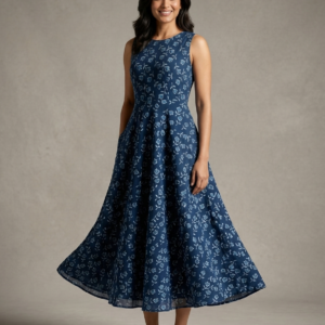 Floral Vine Printed Flared Sleeveless Dress