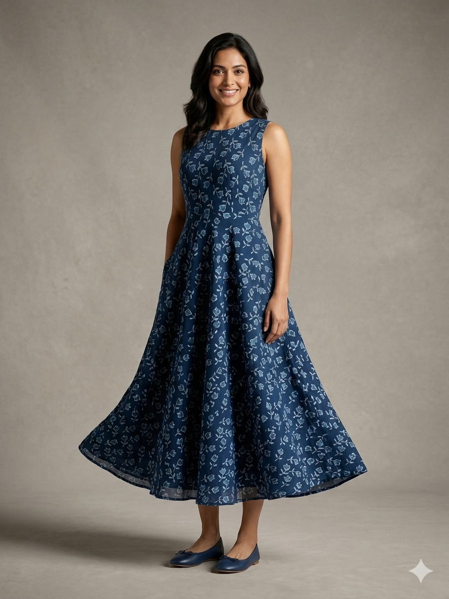 Floral Vine Printed Flared Sleeveless Dress