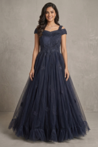 Handmade Floral Embellished Off-Shoulder Flared Gown