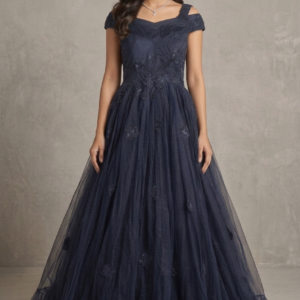 Handmade Floral Embellished Off-Shoulder Flared Gown