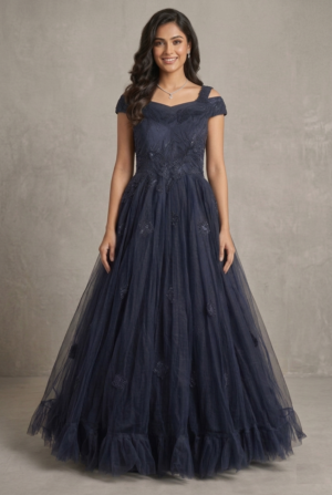 Handmade Floral Embellished Off-Shoulder Flared Gown