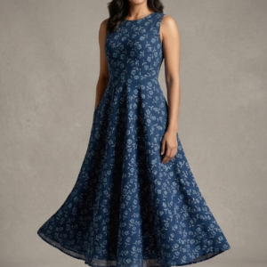 Floral Vine Printed Flared Sleeveless Dress