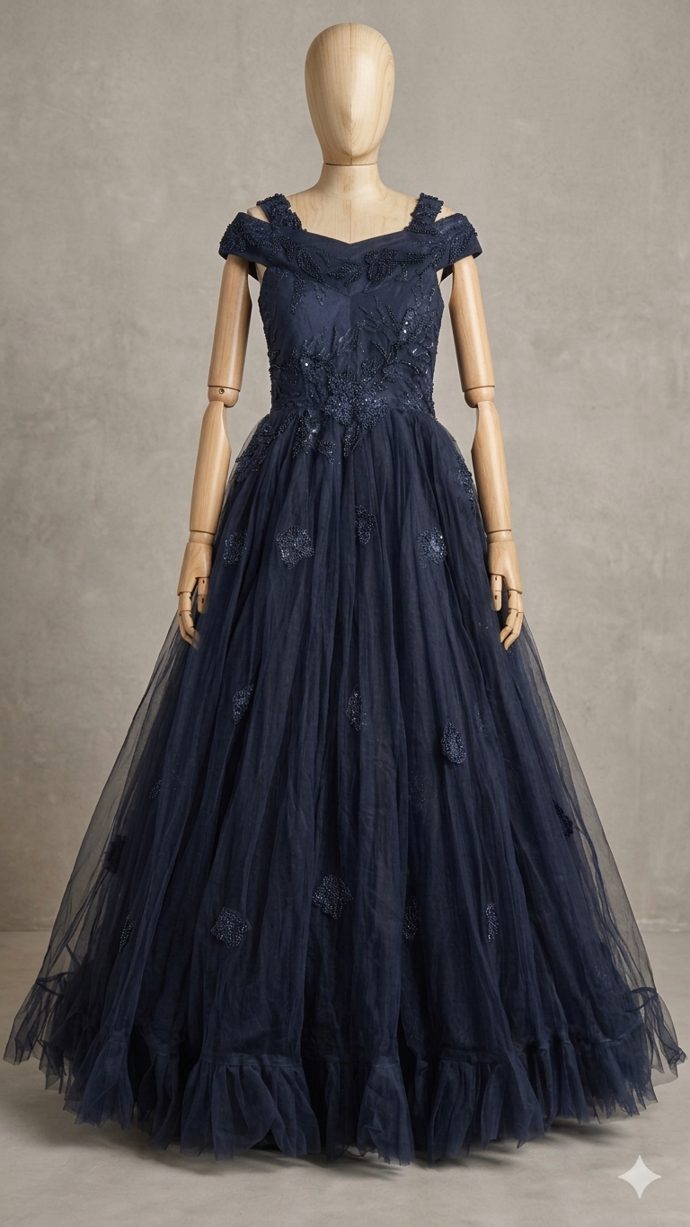 Handmade Floral Embellished Off-Shoulder Flared Gown - Image 4