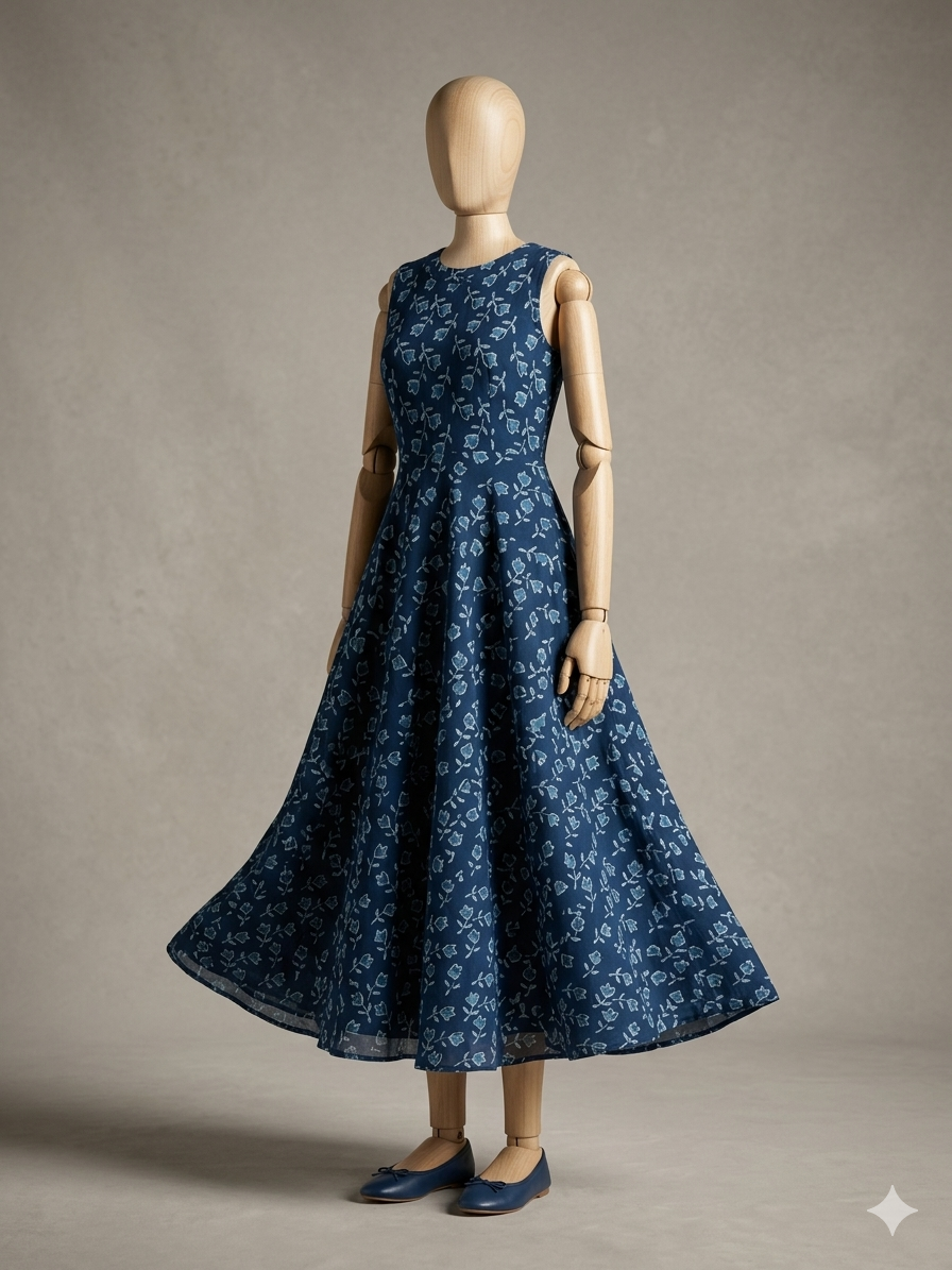 Floral Vine Printed Flared Sleeveless Dress - Image 3