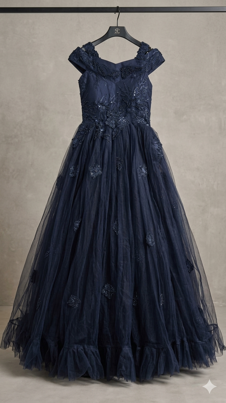 Handmade Floral Embellished Off-Shoulder Flared Gown - Image 2