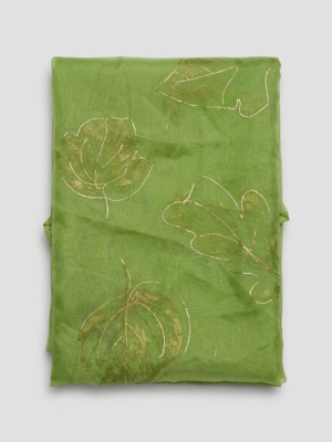 Organza Silk Printed Fabric – Light Green Leaf Design (Code: F2)