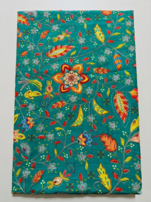 Printed Silk Fabric – Teal Green Floral Vine Design (1 Meter) – F31