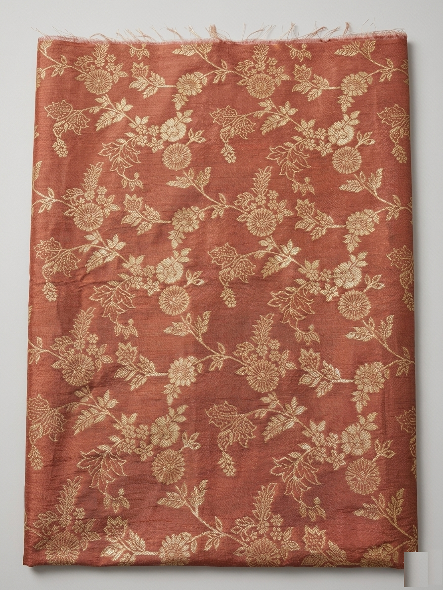 Floral Woven Silk Fabric – Rust Brown with Gold Design (1 Meter) – F32