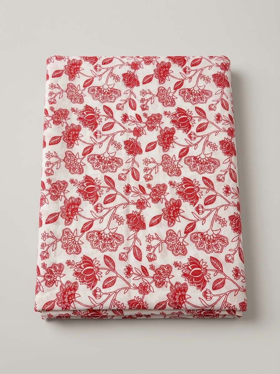 Cotton Printed Fabric – Pink & Off White Leaf Design (2 Meter, Code: F4)