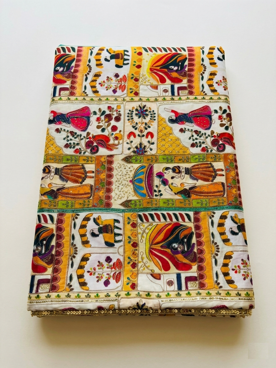 Cotton Fabric with Machine Embroidery & Human Print – 1 Meter (F7)