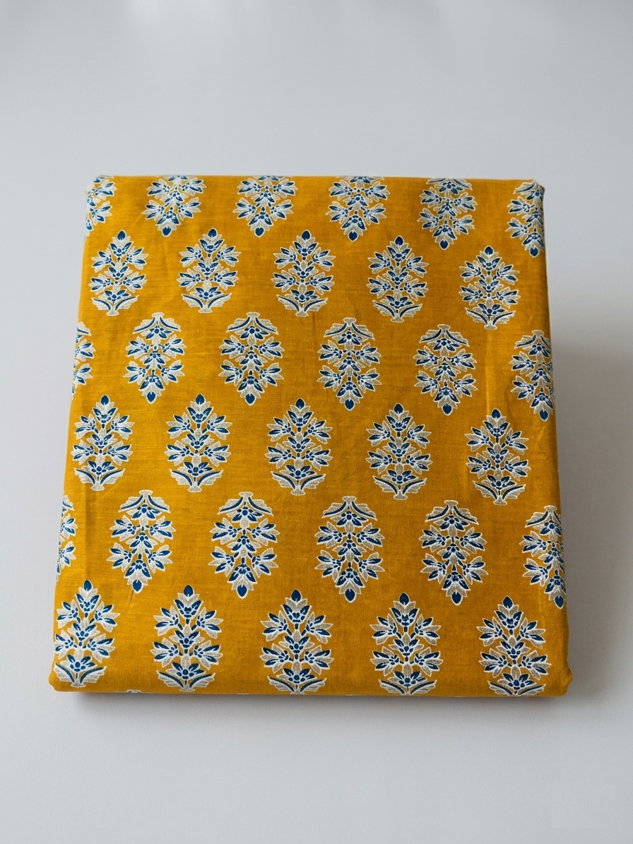 Printed Cotton Fabric – Mustard Yellow Floral Motif (3.5 Meter) – F9