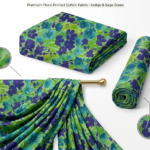 Indigo & Green Floral Printed Cotton Fabric for Designer Wear