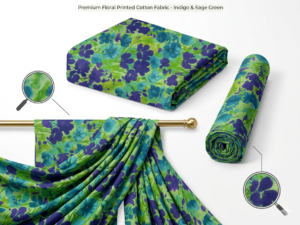 Indigo & Green Floral Printed Cotton Fabric for Designer Wear