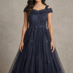 Handmade Floral Embellished Off-Shoulder Flared Gown