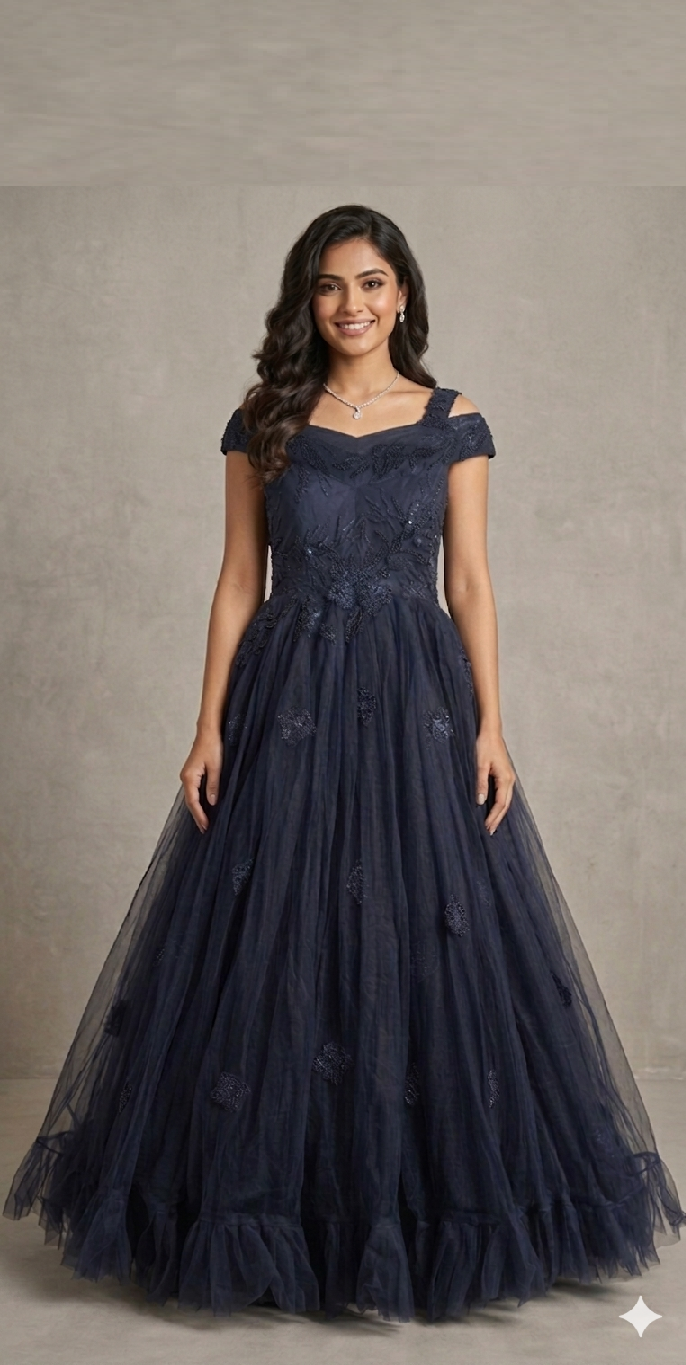 Handmade Floral Embellished Off-Shoulder Flared Gown
