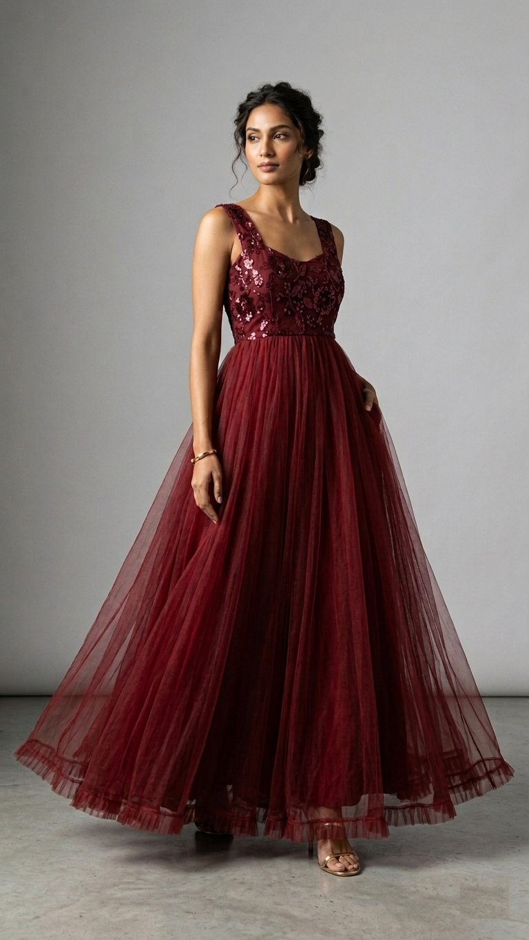Wine Embroidered Net Designer Gown for Women – RW17 - Image 4