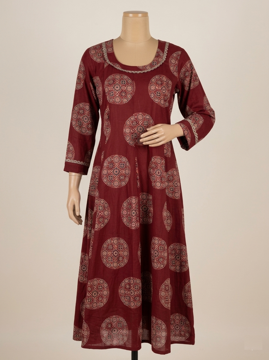 Ethnic Circular Printed A-Line Flared Dress with Round Neck - Image 4