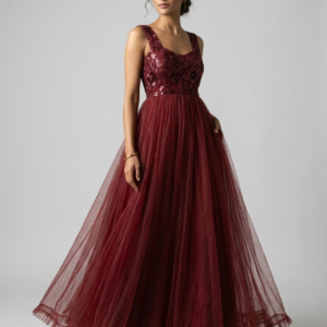 Wine Embroidered Net Designer Gown for Women – RW17