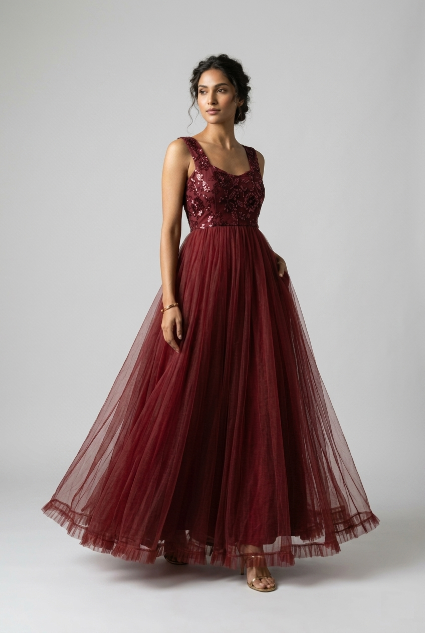 Wine Embroidered Net Designer Gown for Women – RW17