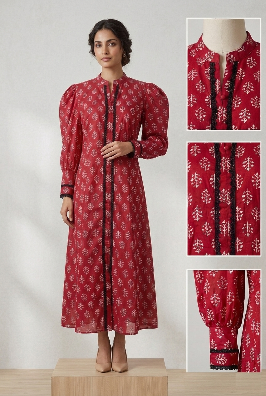 Red Printed Cotton Designer Long Dress-RW13