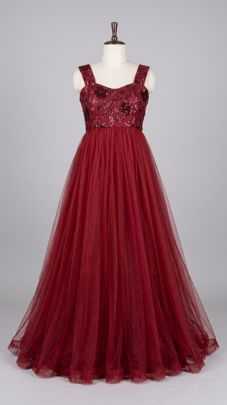 Wine Embroidered Net Designer Gown for Women – RW17 - Image 2