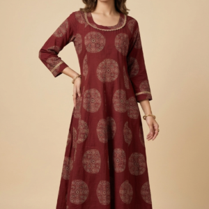 Ethnic Circular Printed A-Line Flared Dress with Round Neck