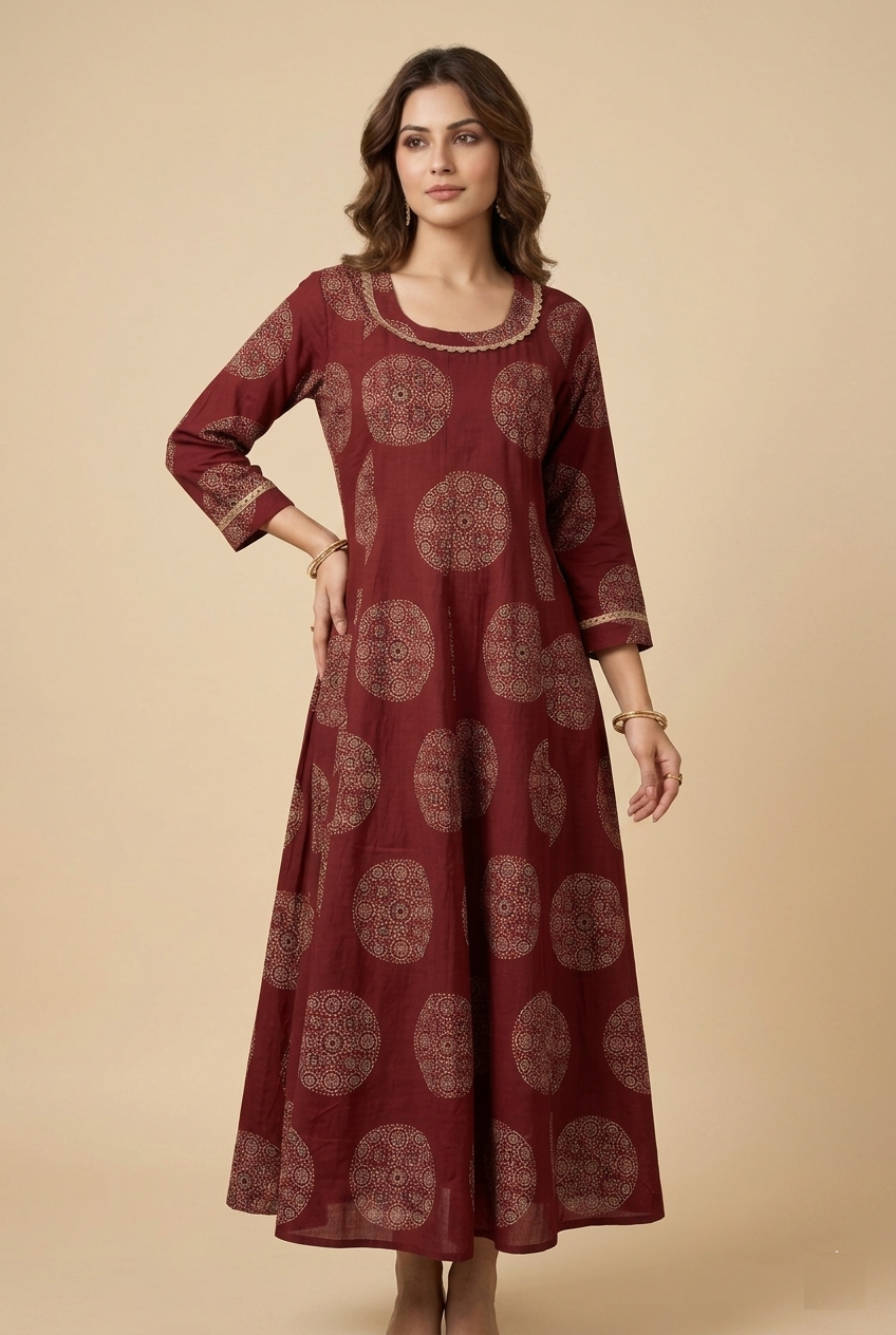 Ethnic Circular Printed A-Line Flared Dress with Round Neck