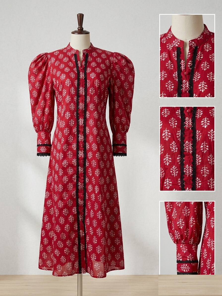 Red Printed Cotton Designer Long Dress-RW13 - Image 2
