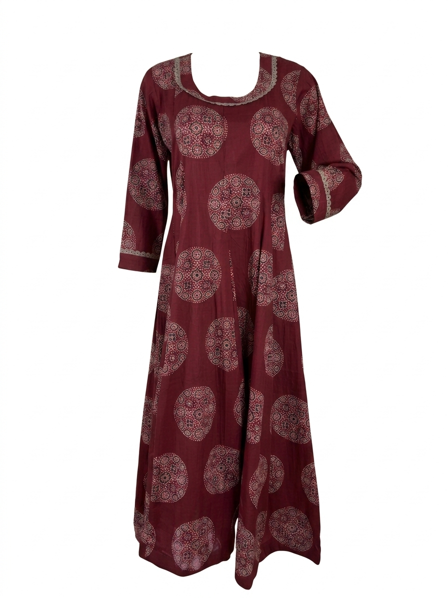 Ethnic Circular Printed A-Line Flared Dress with Round Neck - Image 3