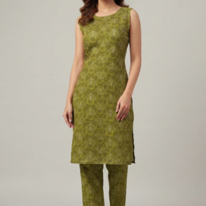 Olive Green Soft Cotton Printed Straight Kurta Pant Set for Women – RW22
