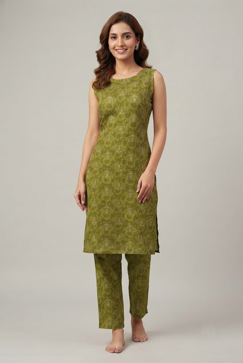Olive Green Soft Cotton Printed Straight Kurta Pant Set for Women – RW22