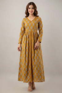RW23 Mustard Printed Cotton Anarkali Kurta with Palazzo Set RW23