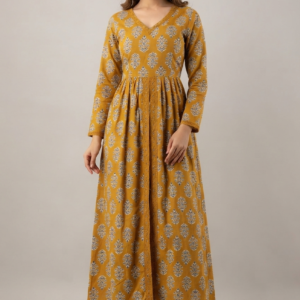 RW23 Mustard Printed Cotton Anarkali Kurta with Palazzo Set RW23