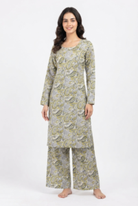 Women’s Grey Paisley Printed Soft Cotton Kurta Palazzo Set RW24