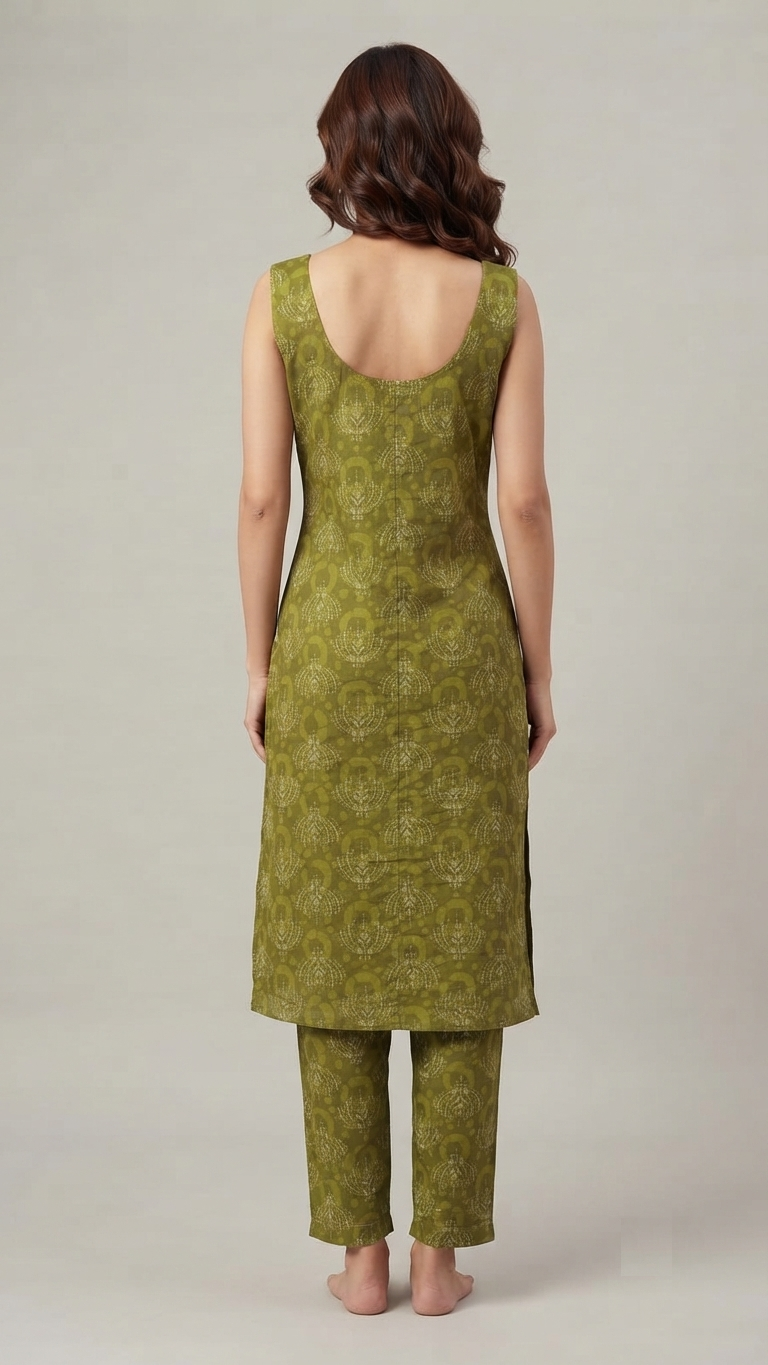 Olive Green Soft Cotton Printed Straight Kurta Pant Set for Women – RW22 - Image 3