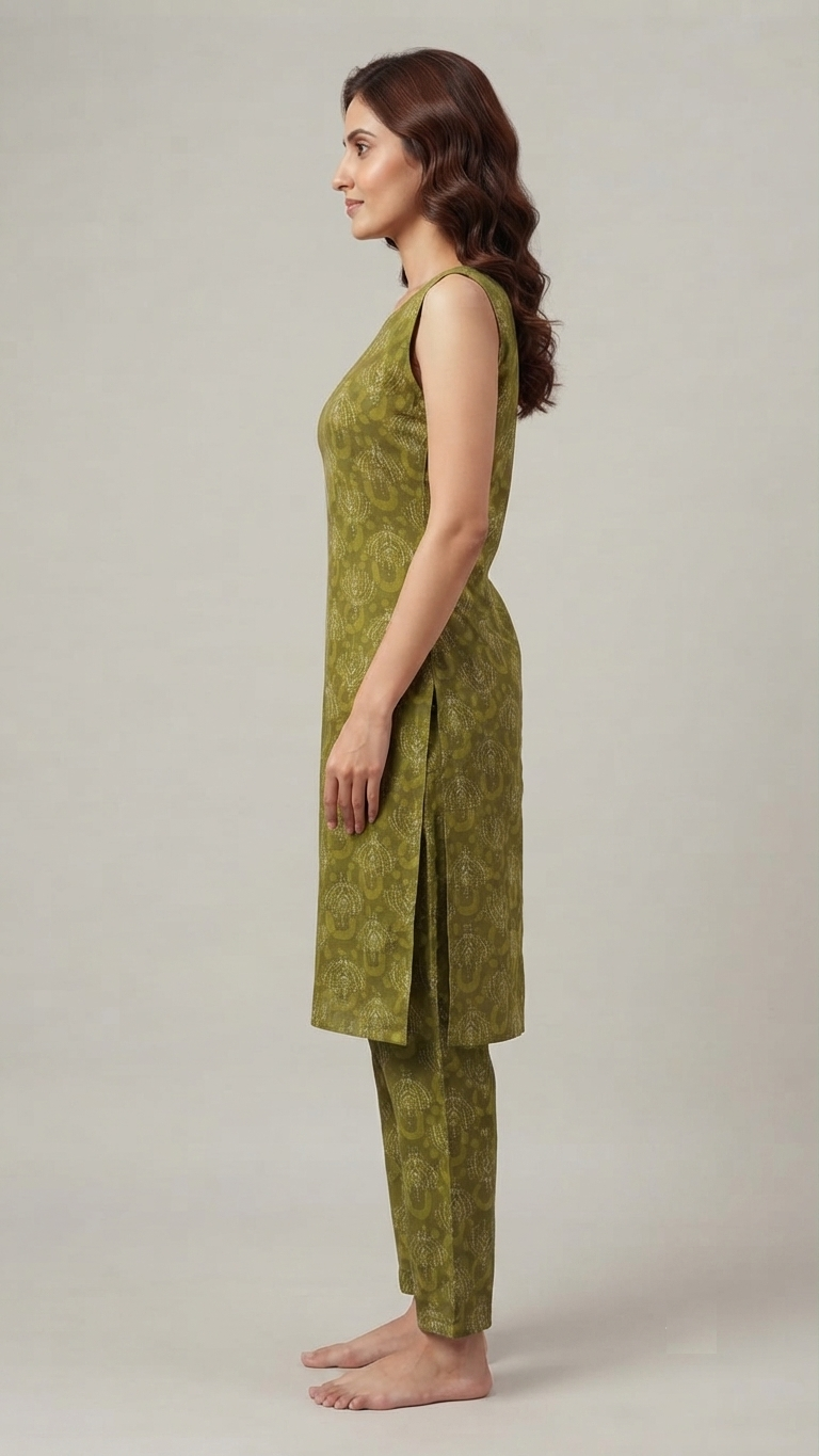 Olive Green Soft Cotton Printed Straight Kurta Pant Set for Women – RW22 - Image 4