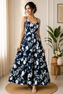 Navy Blue Floral Cotton Tiered Maxi Dress – RW28